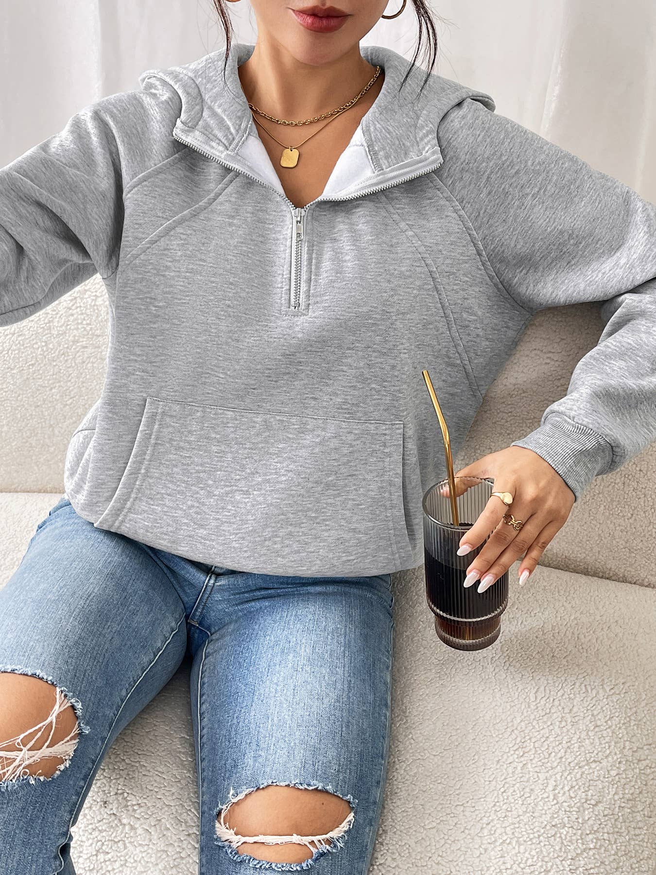 ZIPPER HOODIE SOLID COLOR THICK FLEECE HOODIE