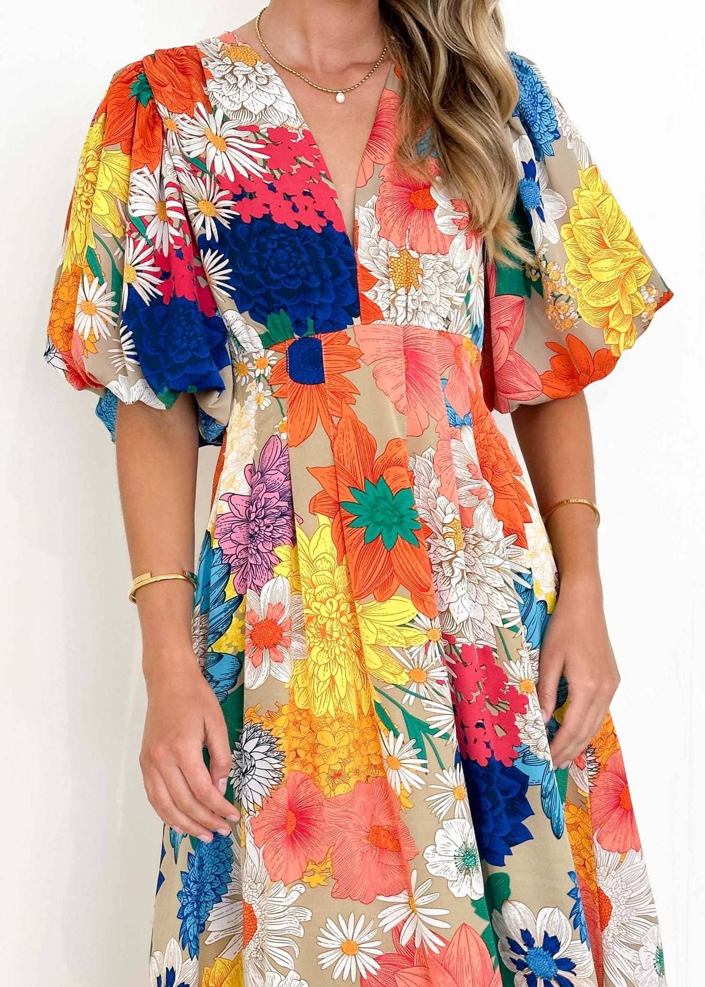 Floral printe puffed sleeve A-line elegant dress