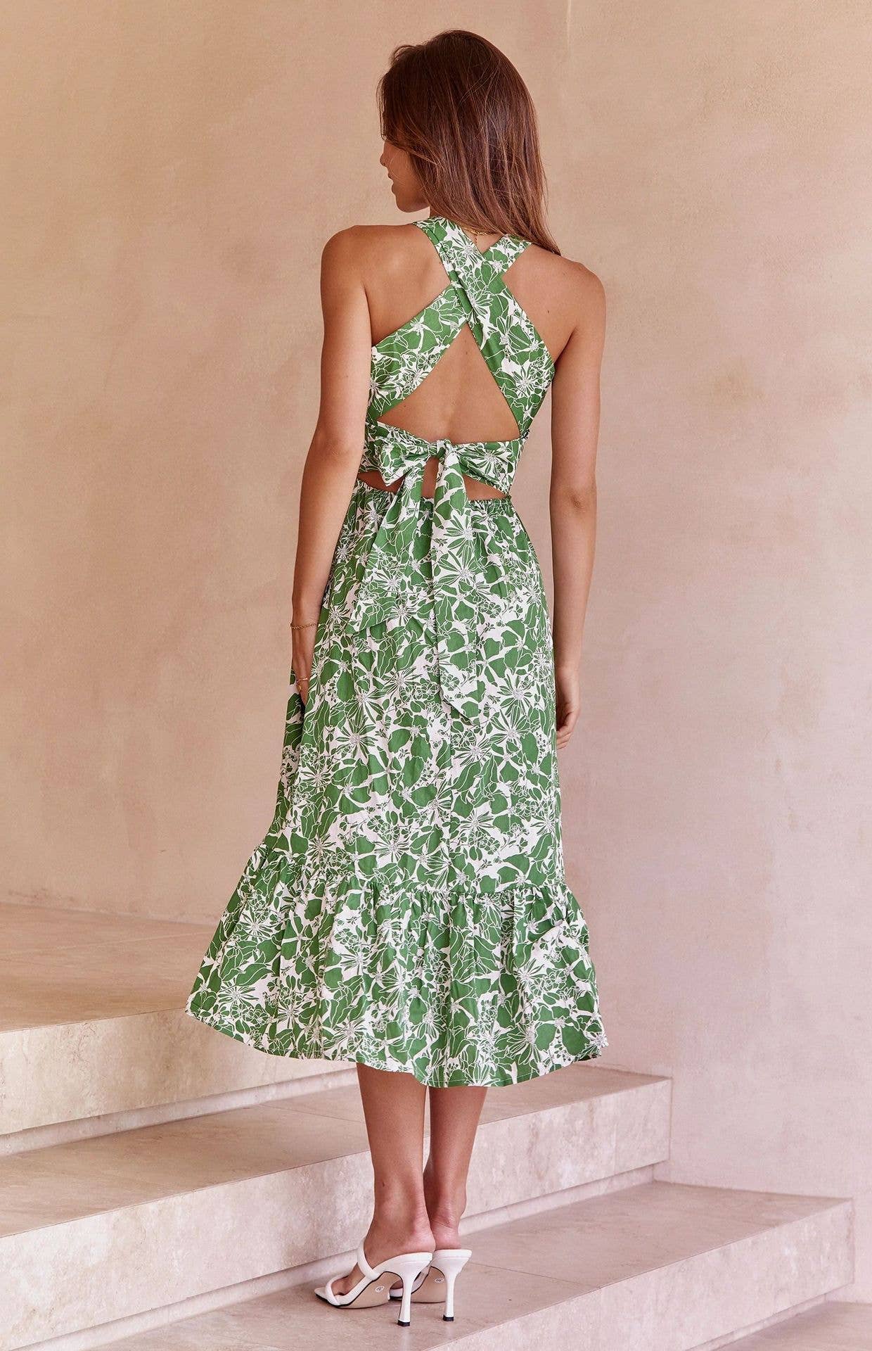 Floral spaghetti-strap backless dress
