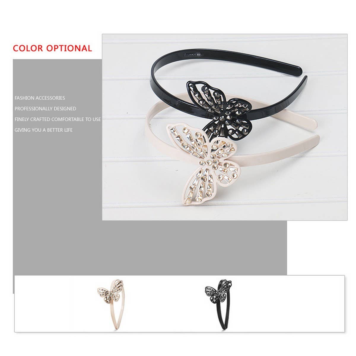VINTAGE ACETATE BUTTERFLY DIAMOND HEADBAND HAIRPIN