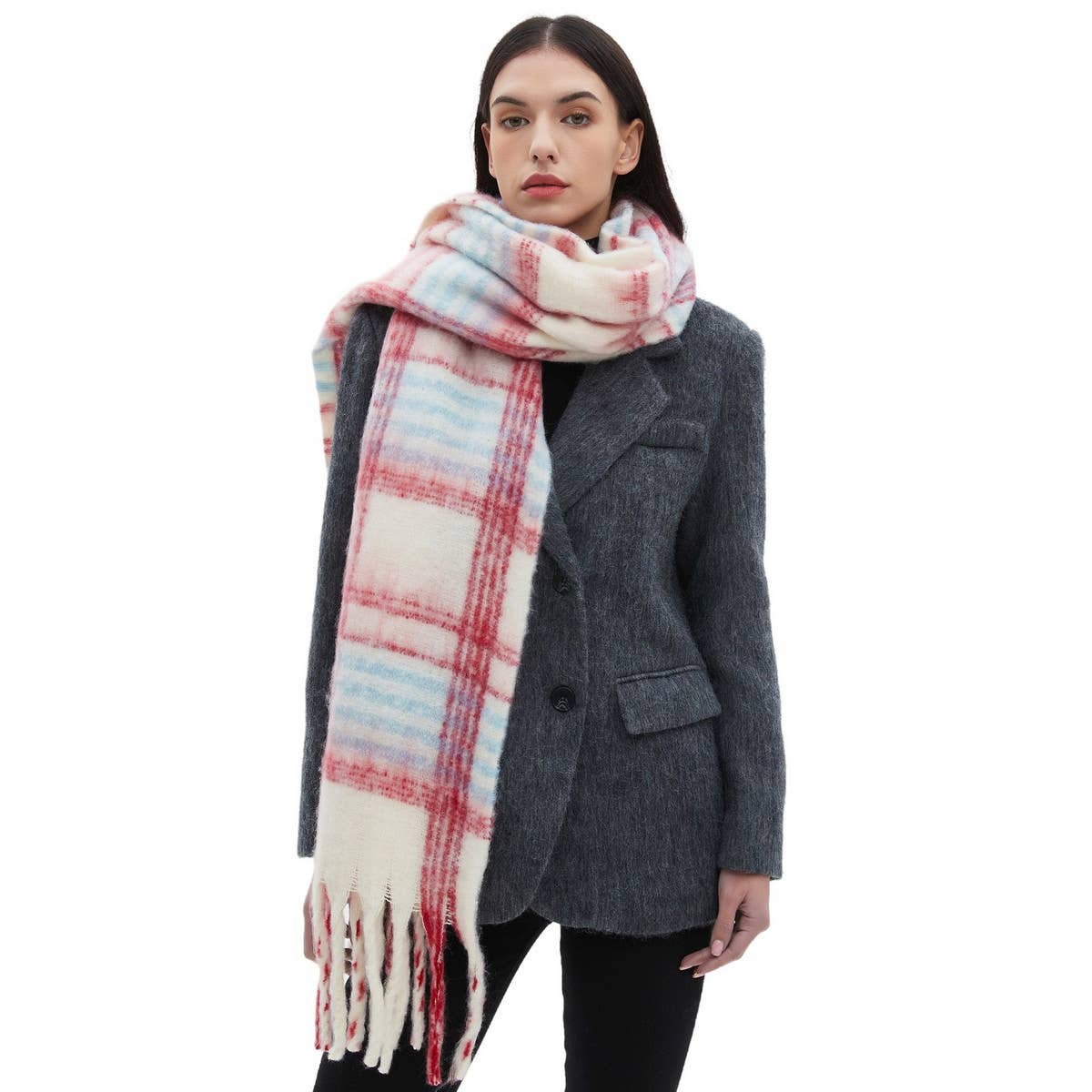 Chunky Circle Yarn Plaid Scarf - Thick Fall/Winter