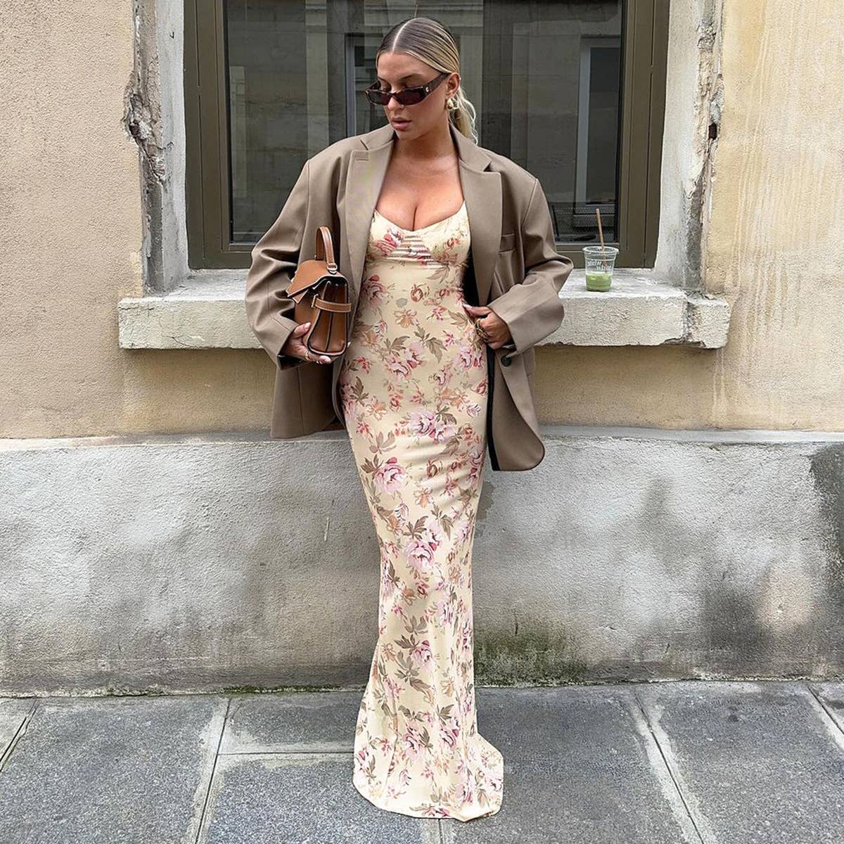 Floral U-Neck Slit Spaghetti Strap Dress