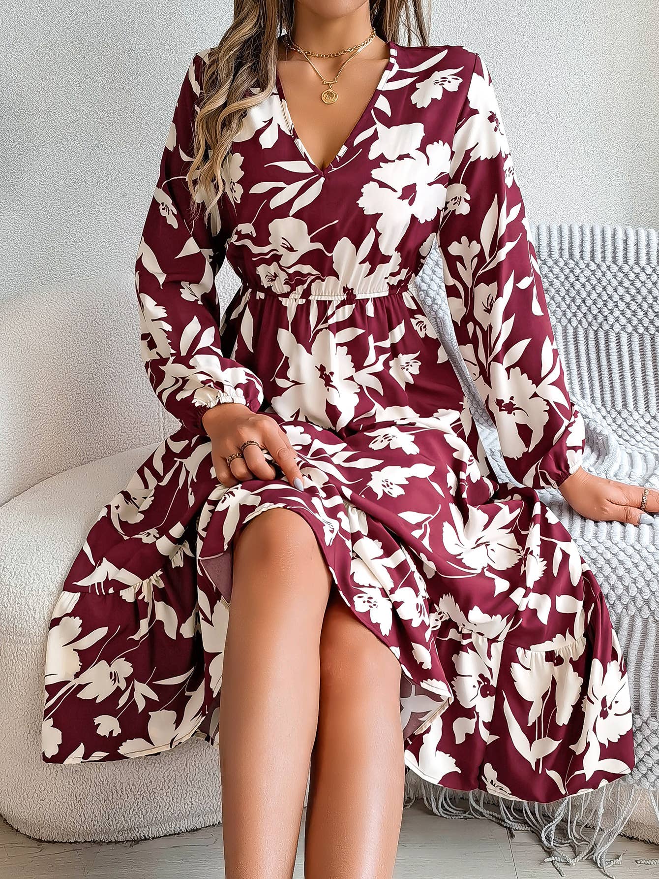 FLORAL LONG SLEEVE PEPLUM DRESS WITH WAIST TUCKED