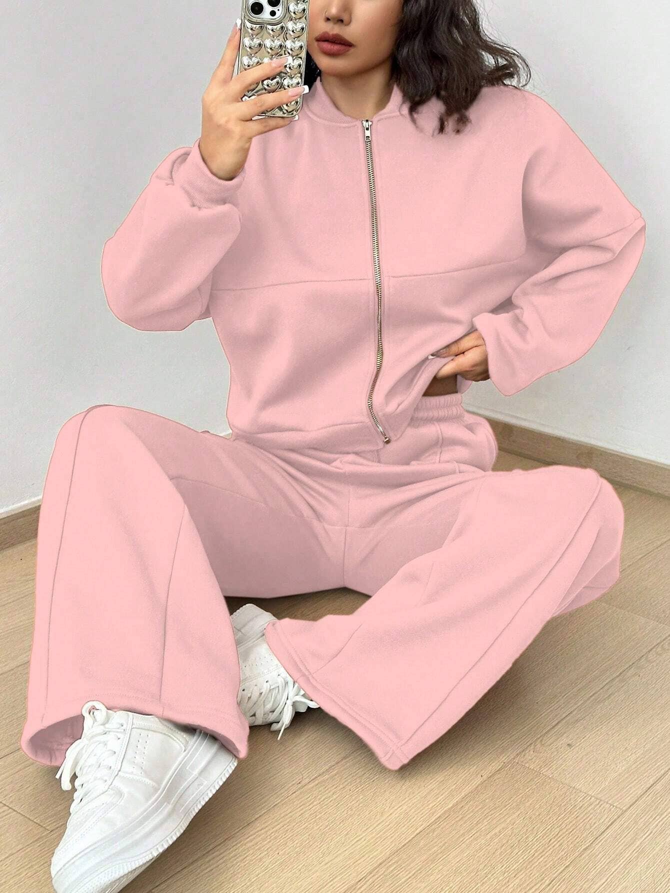 Zipper cardigan straight-leg sport pants set