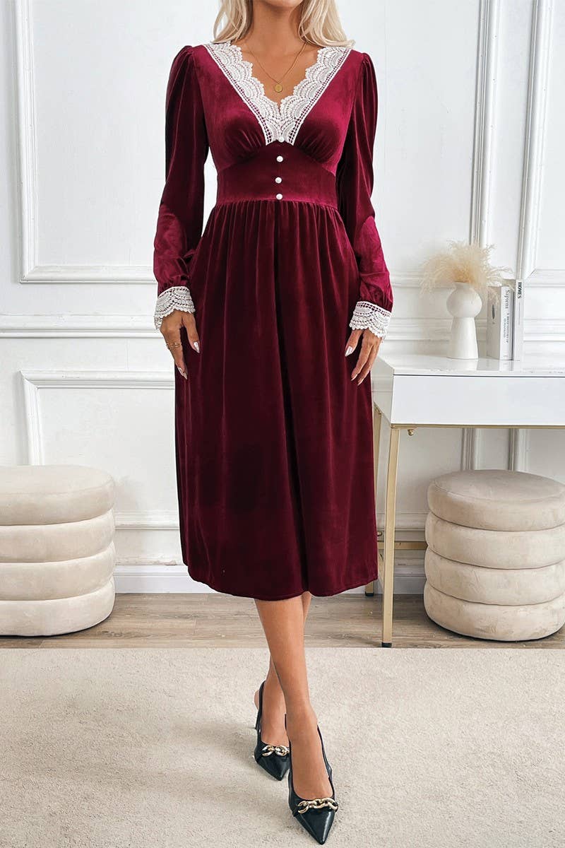 CWDMD4805_V-NECK LACE PANEL CONTRAST COLOR DRESS