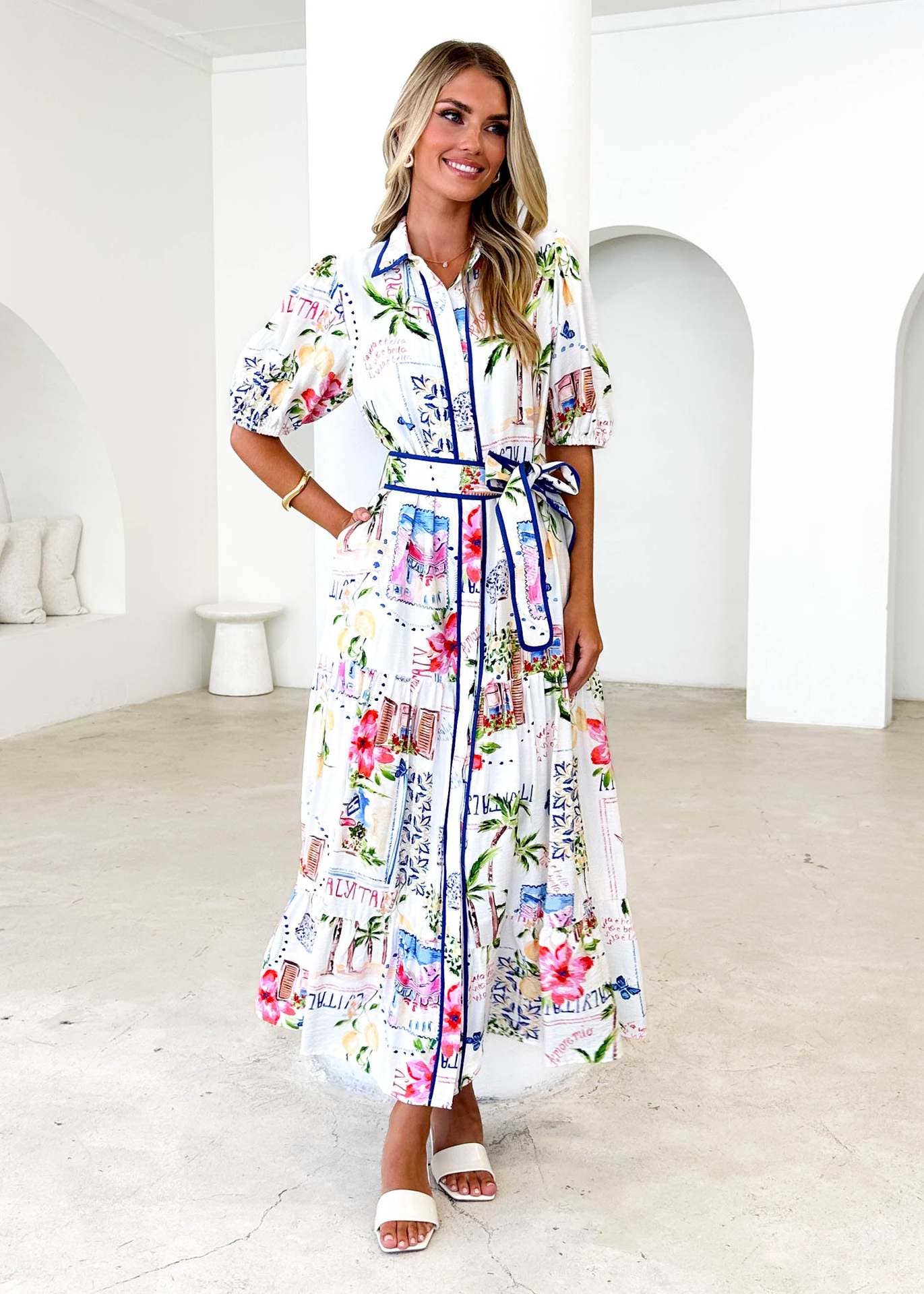 Floral printed lace-up short-sleeved dress