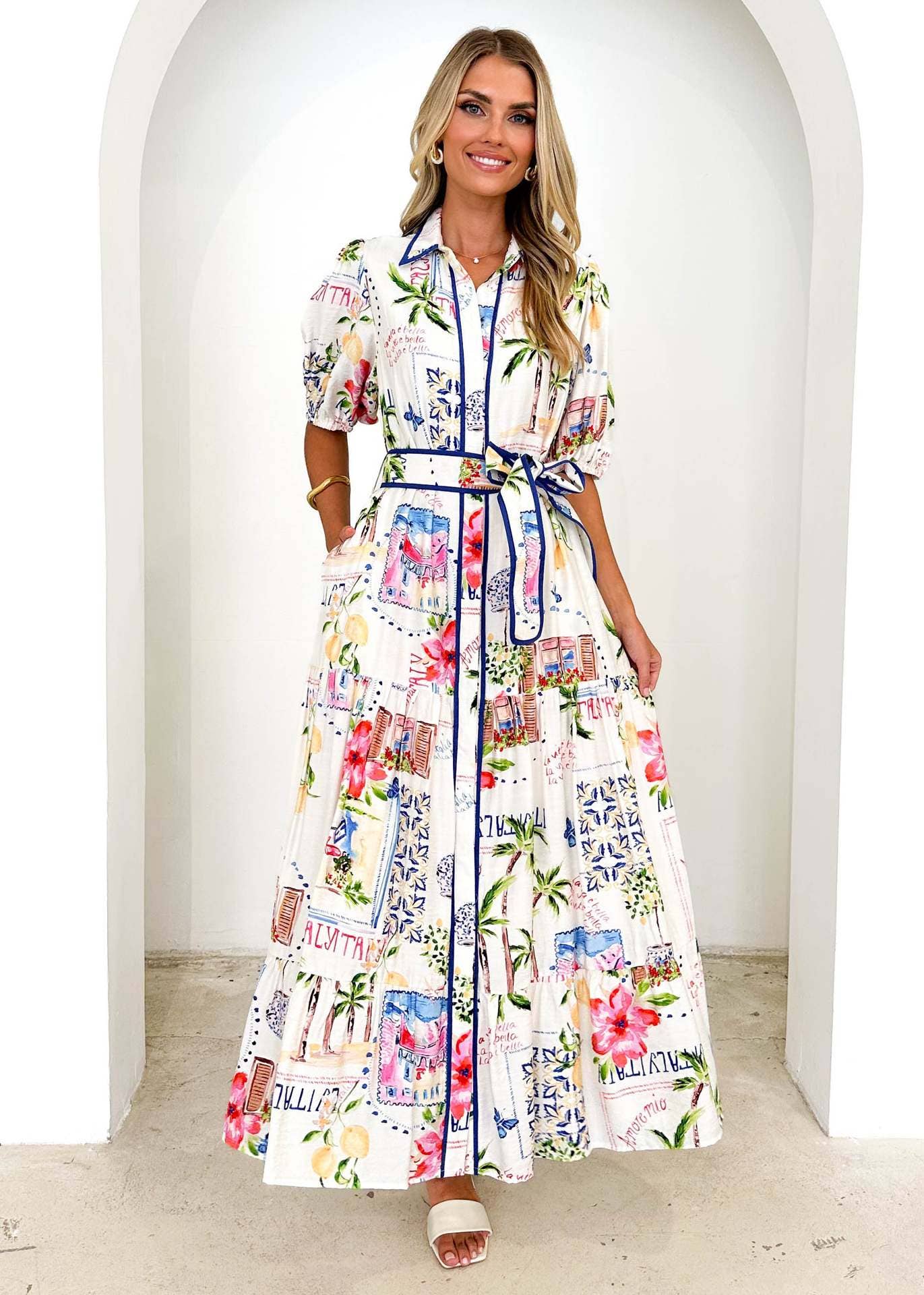Floral printed lace-up short-sleeved dress