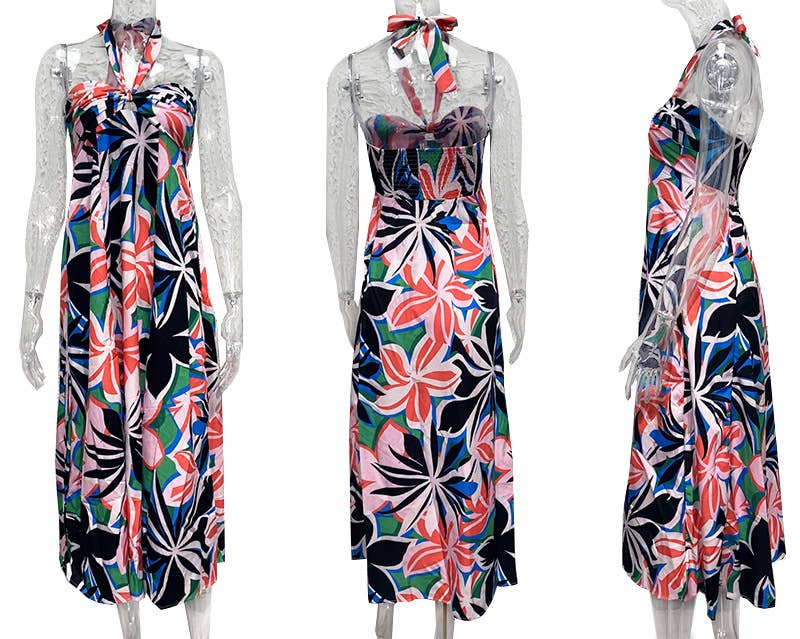 FLORAL PRINT HOLLOWED LACE HALTER LONG DRESS