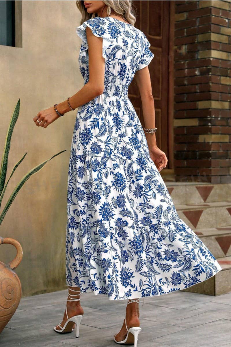 FLORAL PRINT DRESS WITH BUTTERFLY SLEEVES HEMMED