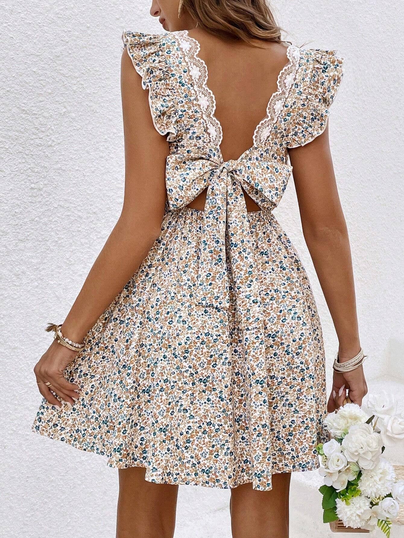 FLORAL PRINT RUFFLED SLEEVE COVERED V-NECK DRESS