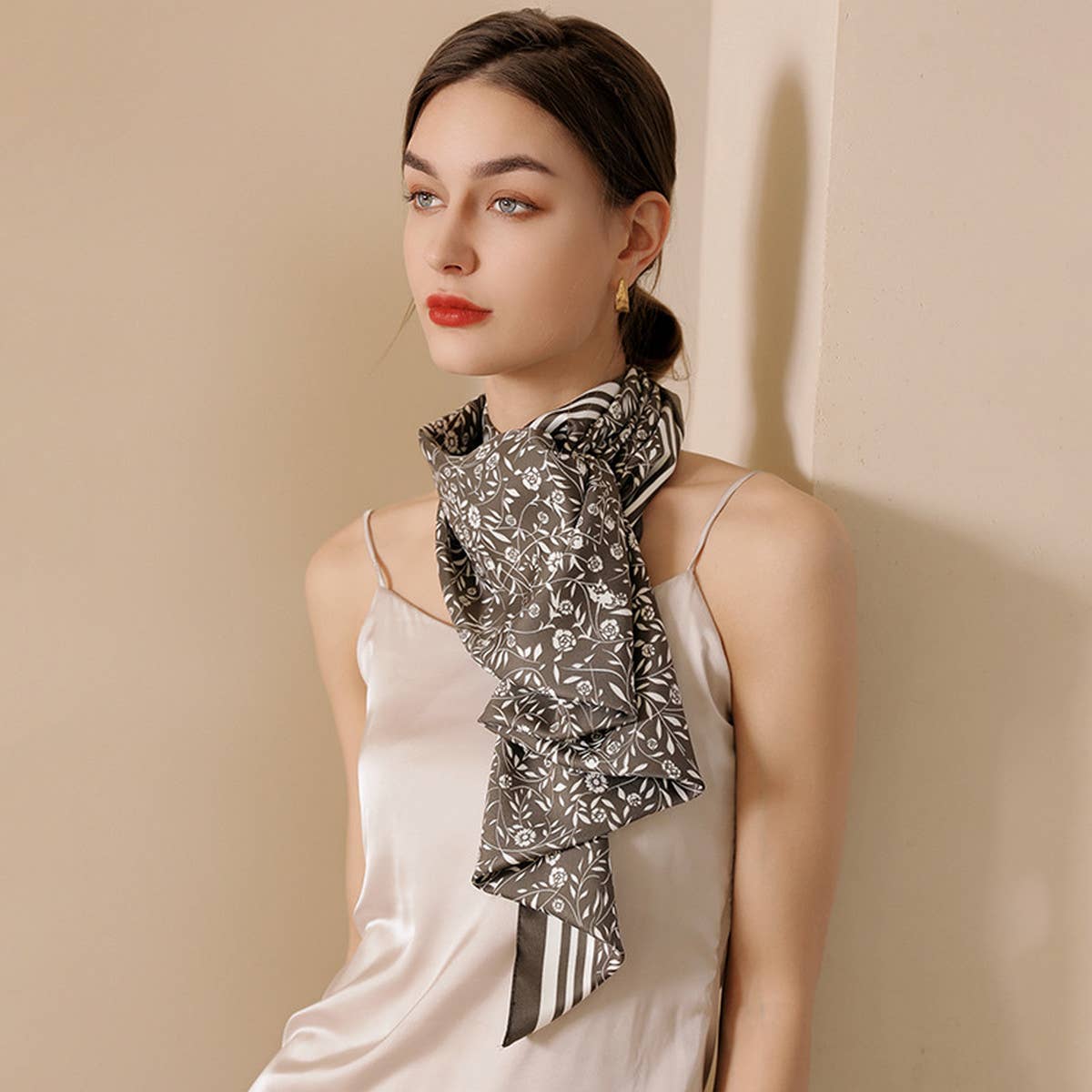 Sweet Floral Faux Silk Scarf - Square Neck Wrap