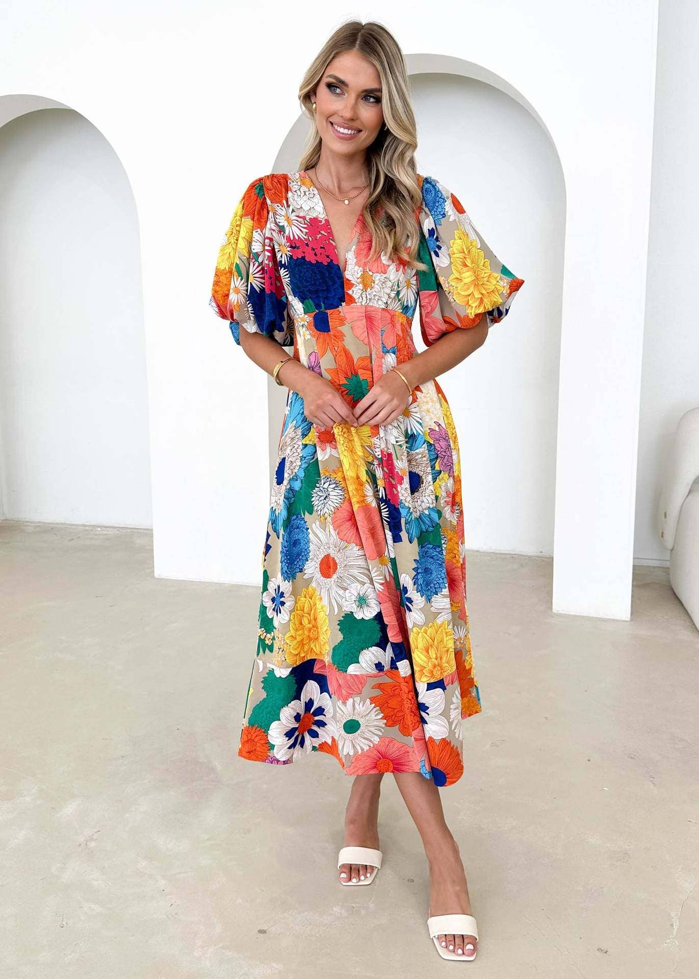 Floral printe puffed sleeve A-line elegant dress
