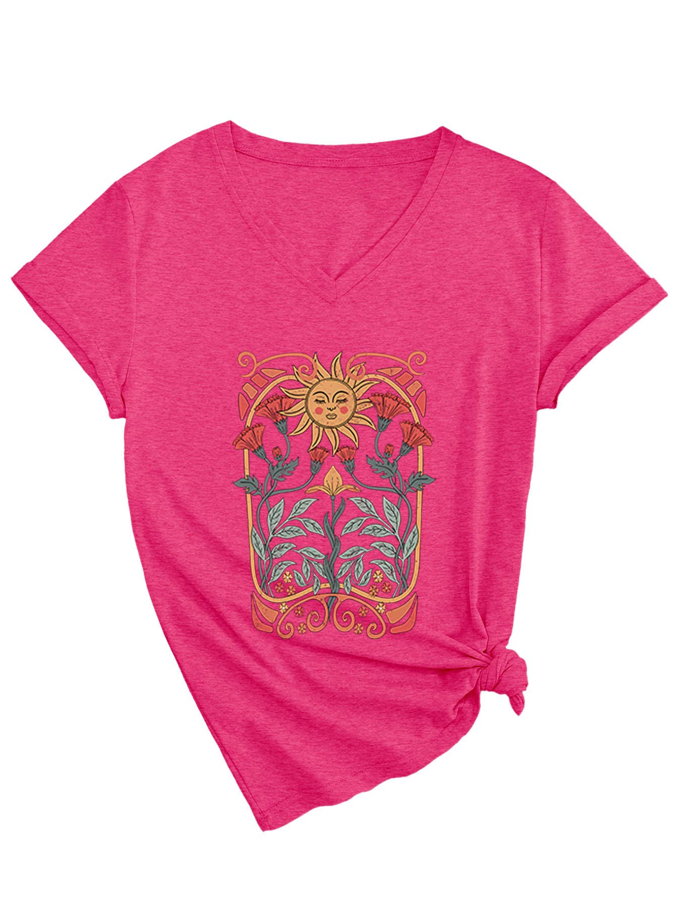 Floral sun print V-neck short-sleeved T-shirt