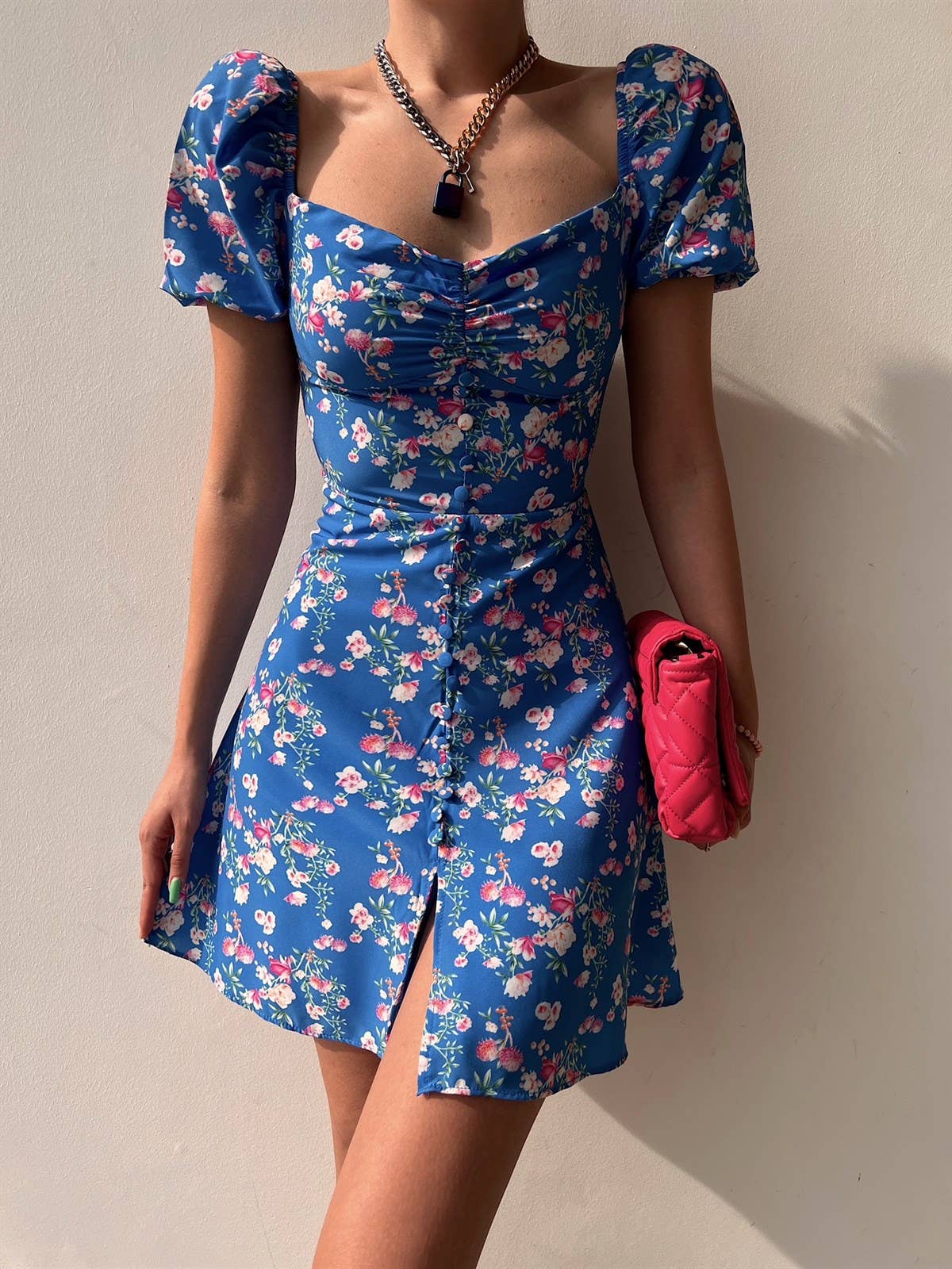 FLORAL V-NECK SPLIT DRESS WITH PUFFED SLEEVES