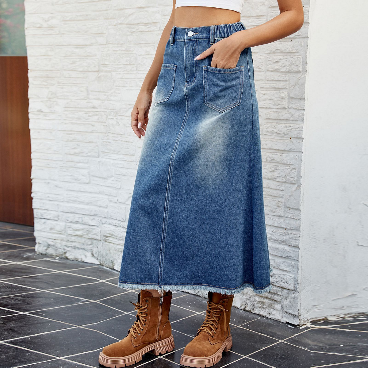 Women?™s Washed Denim Midi Skirt with Raw Hem_CWJSK0199