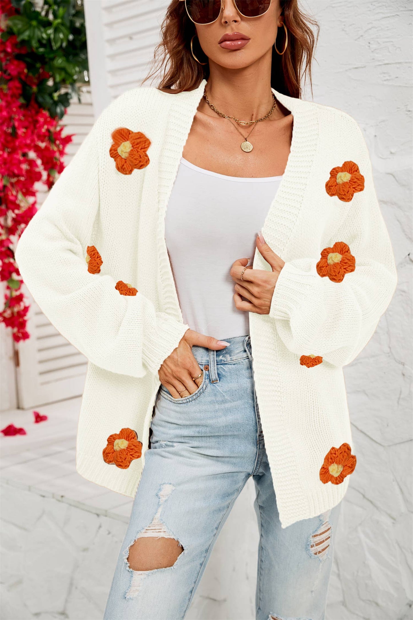 Flower cardigan lantern sleeve sweater coat