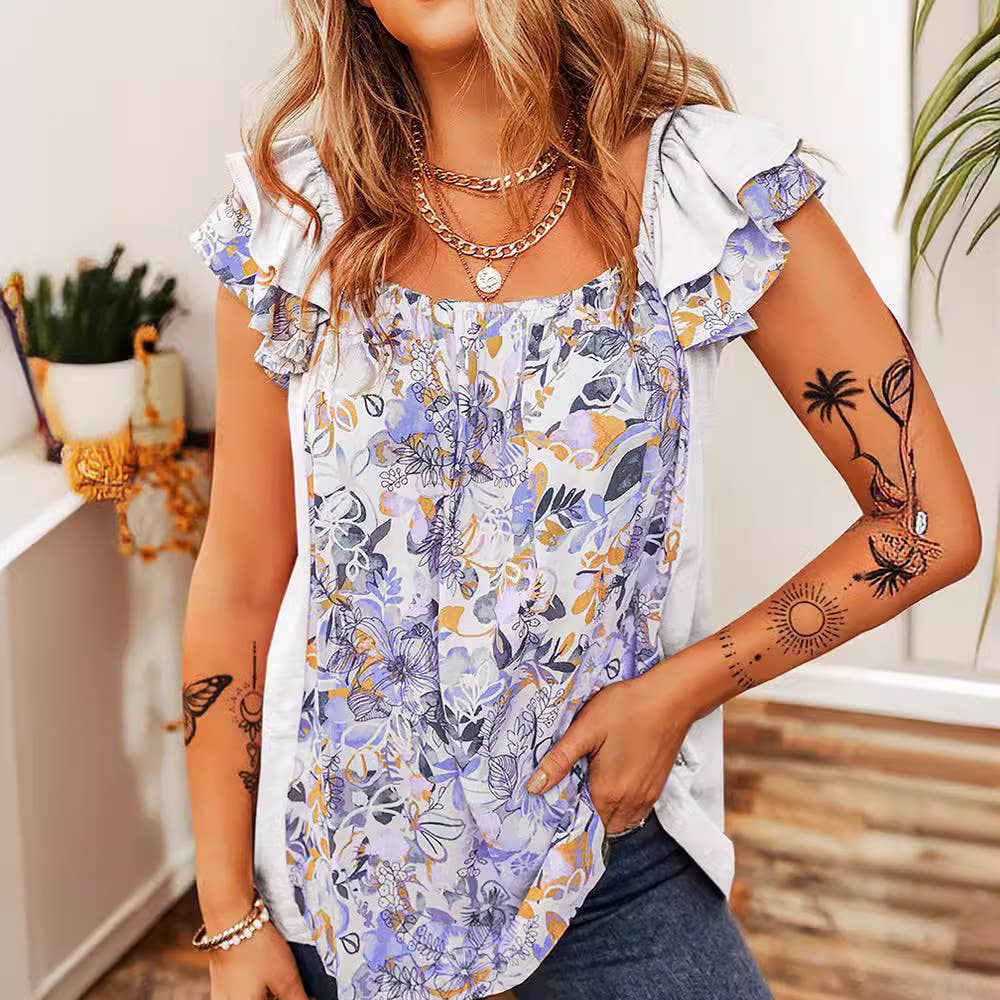 FLORAL RUFFLED SLEEVELESS BLOUSE