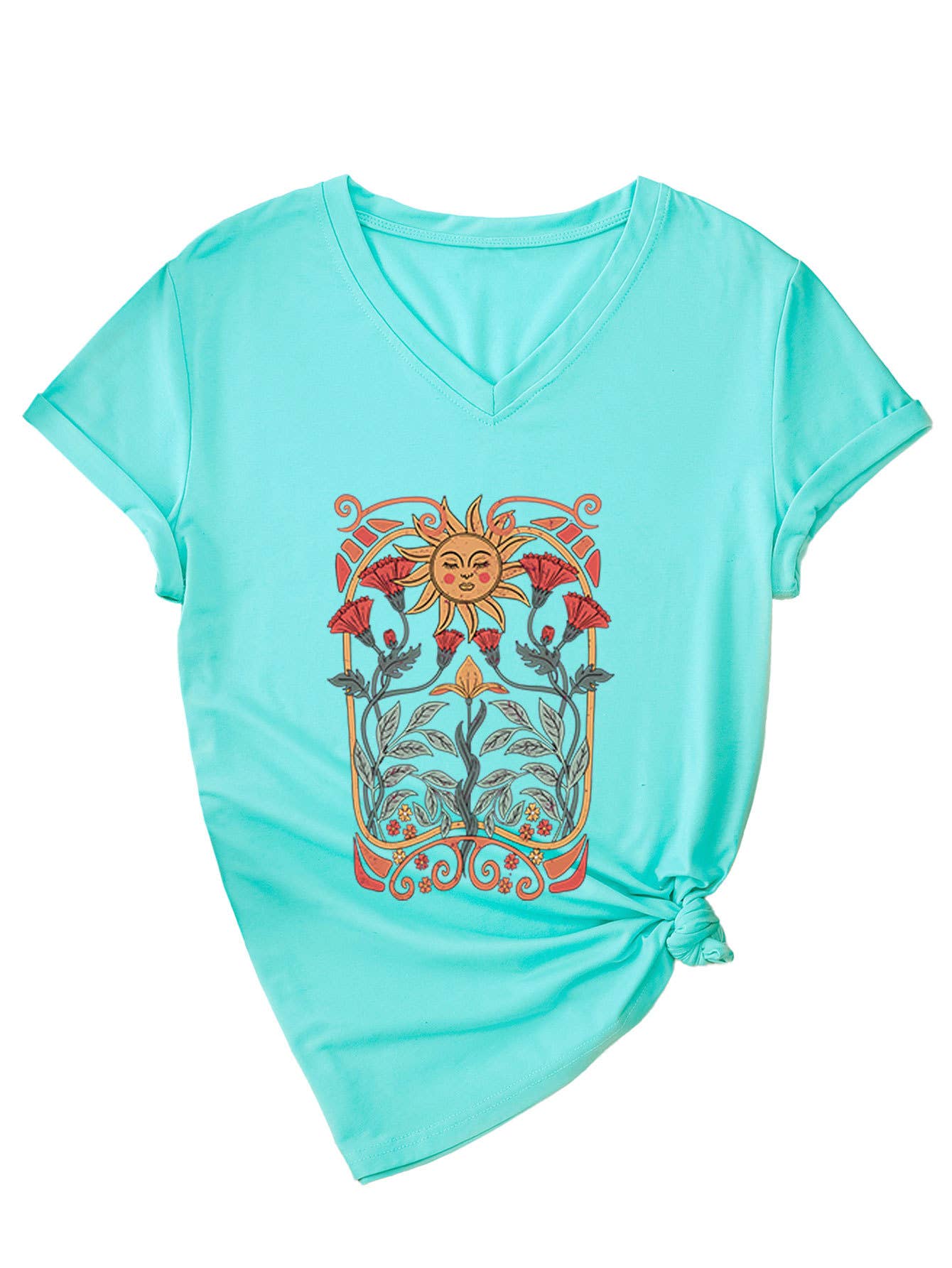 Floral sun print V-neck short-sleeved T-shirt