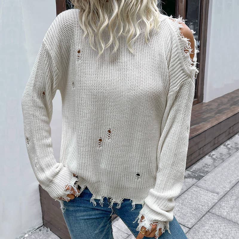 WORN HOLLOWED OUT SOLID COLOR TURTLENECK SWEATER