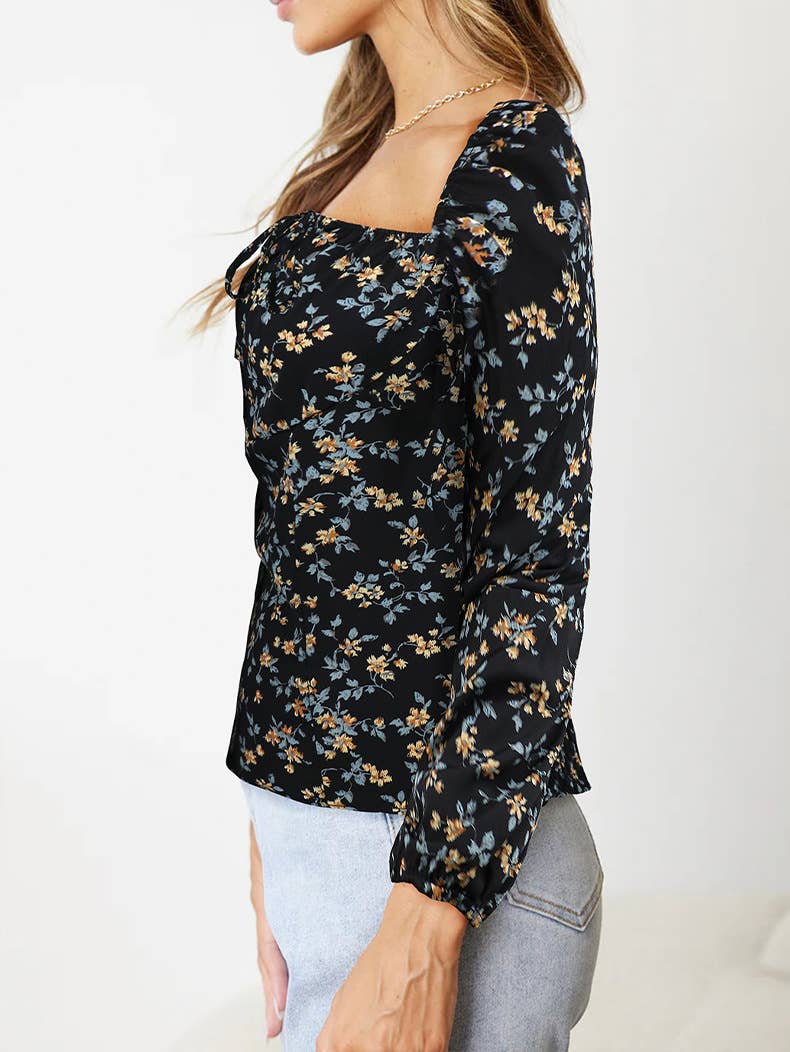 Floral Long Sleeve Square Neck Loose T-shirt