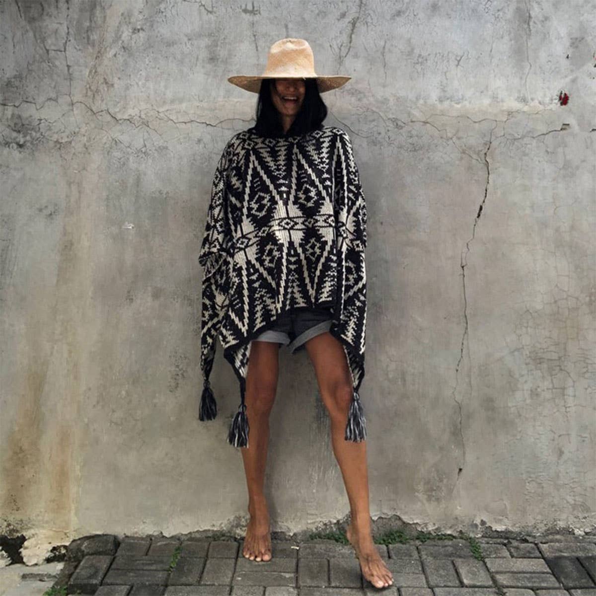 PULLOVER KNITTED CAPE SHAWL BAT PRINT TASSEL SHAWL_CWASC1539