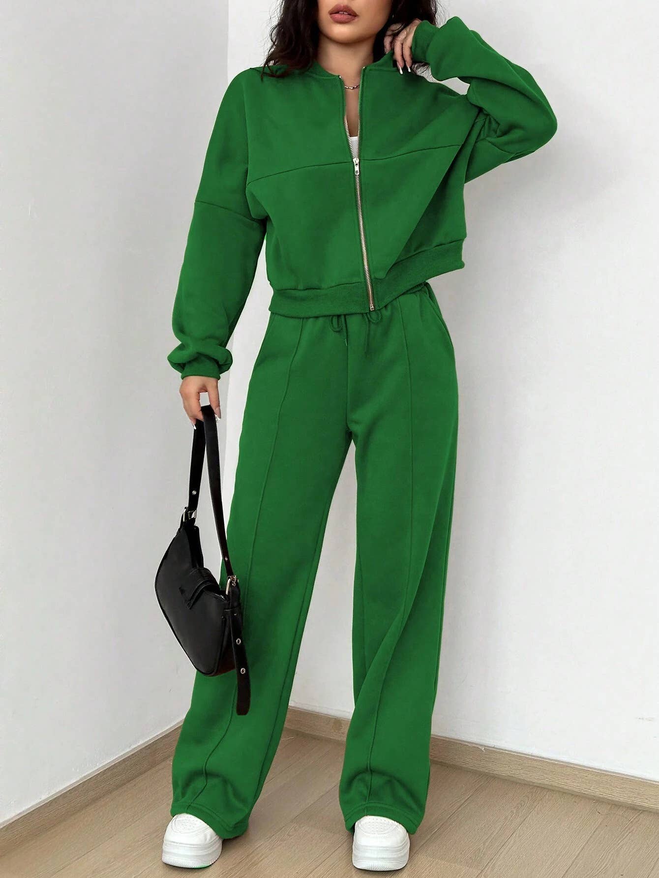 Zipper cardigan straight-leg sport pants set