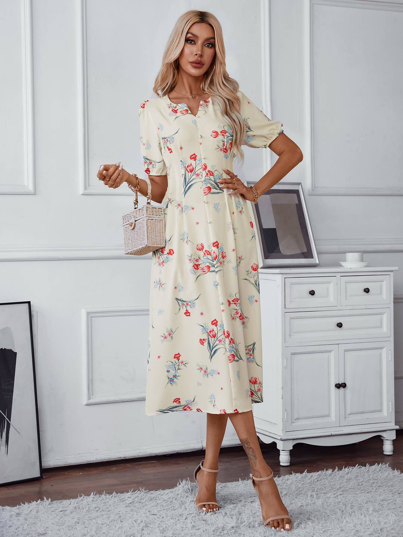 FLORAL PRINT NOTCH V-NECK ELEGANT LONG DRESS