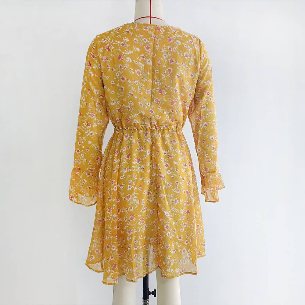 FLORAL LONG-SLEEVED V-NECK BOHO DRESS