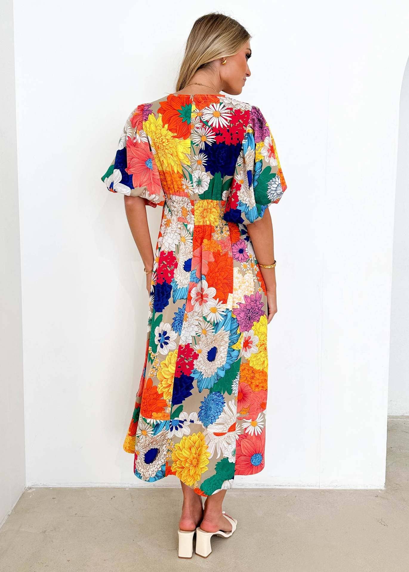 Floral printe puffed sleeve A-line elegant dress