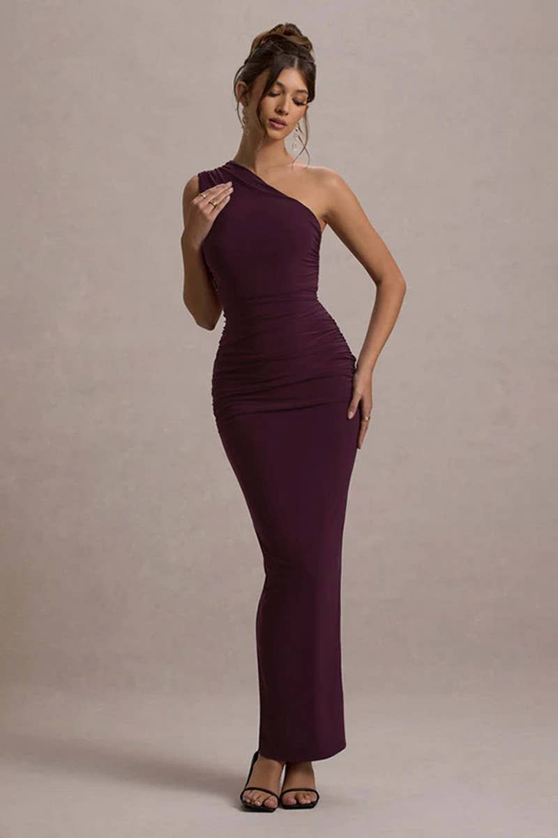 CWDMD5048_OFF-SHOULDER RUCHED BODYCON GOWN DRESS