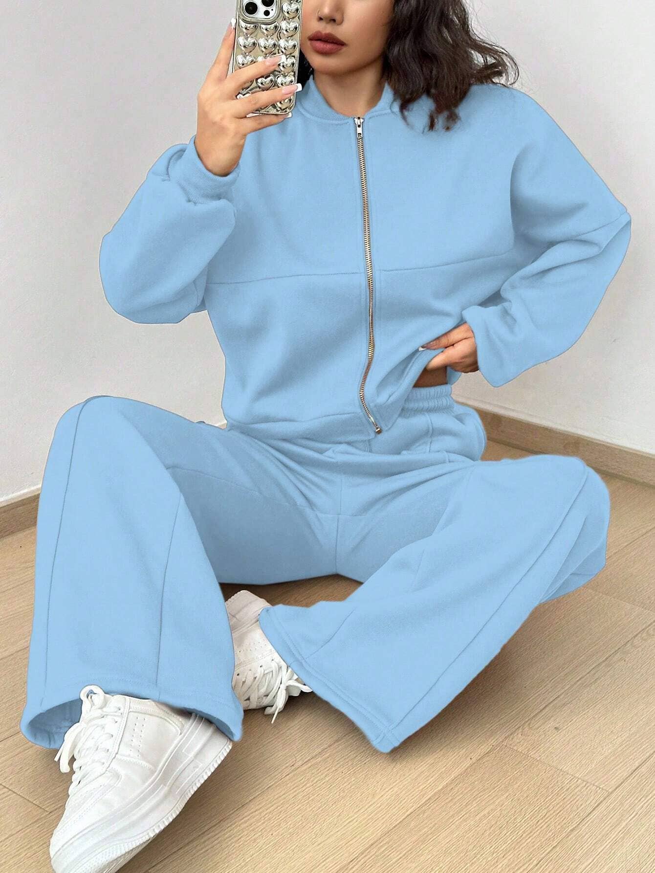 Zipper cardigan straight-leg sport pants set