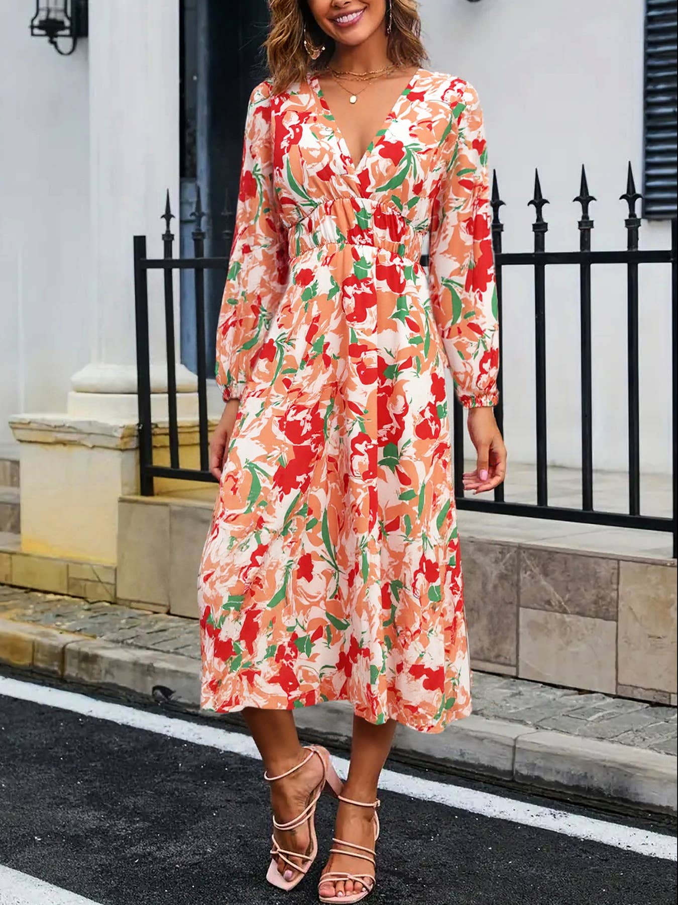 Floral printed long V-neck casual dress
