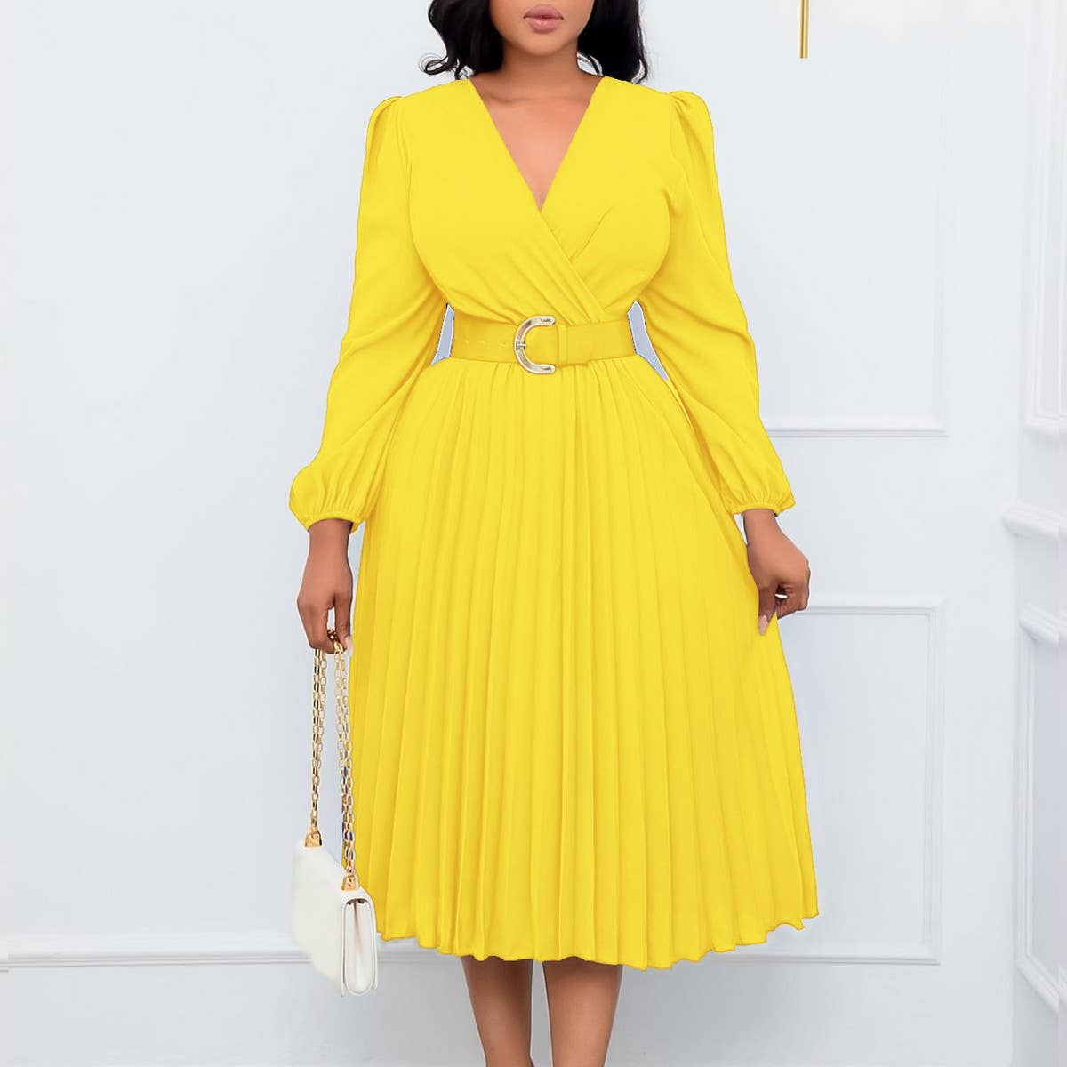 FASHION LONG SLEEVE V-NECK PLEATED MIDI DRESS_CWDMD3669
