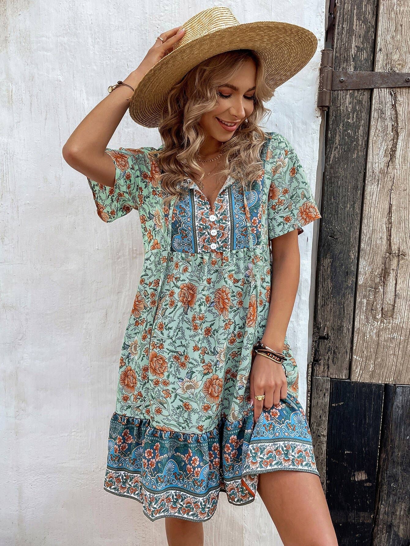 Floral V-neck loose and casual Bohemian dress