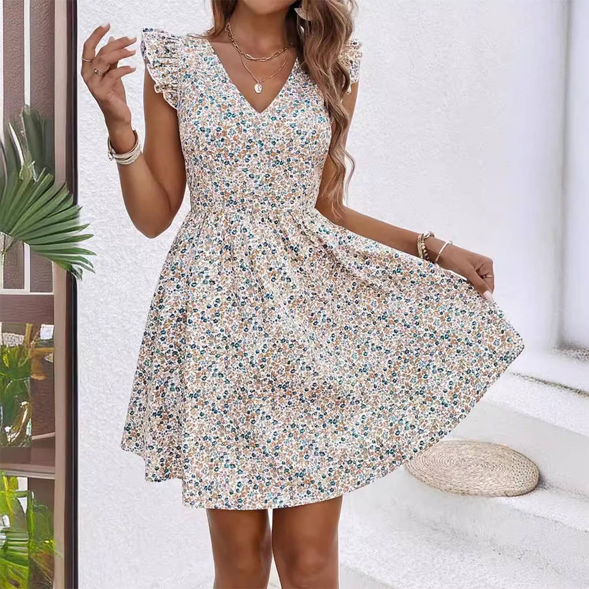 FLORAL PRINT RUFFLED SLEEVE COVERED V-NECK DRESS