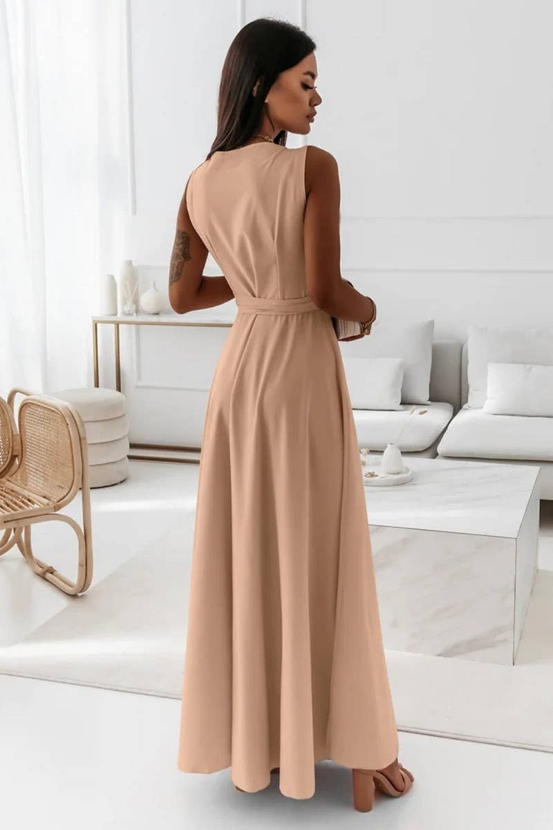 CWDMD4861_LACE-UP V-NECK EVENING GOWN LONG DRESS