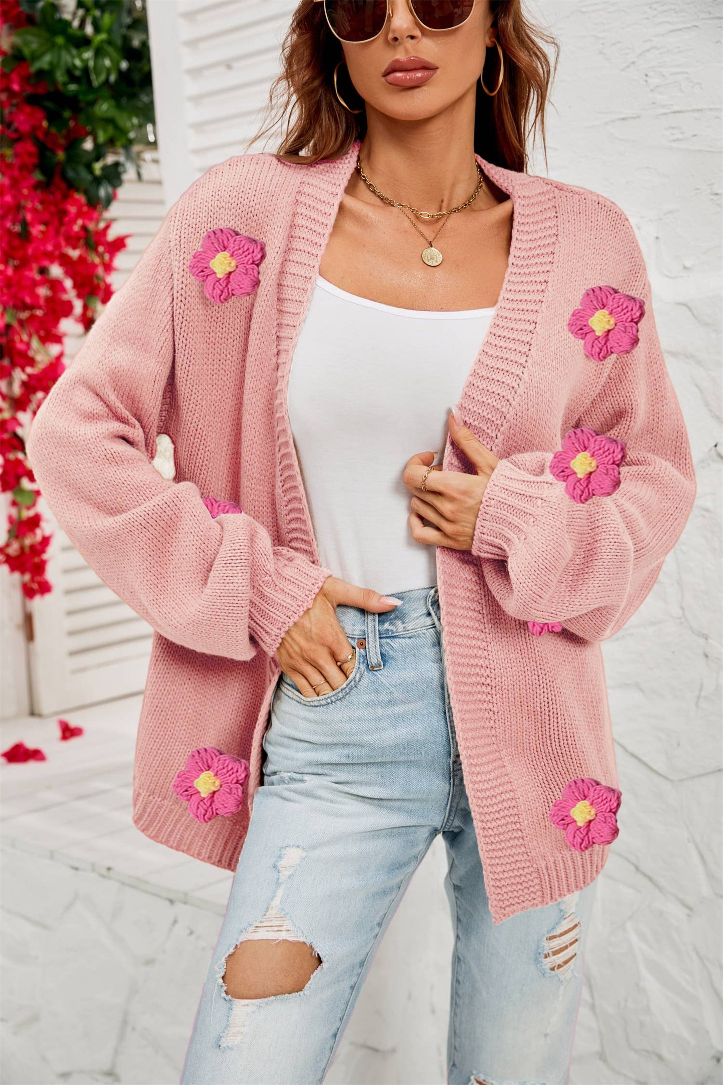 Flower cardigan lantern sleeve sweater coat