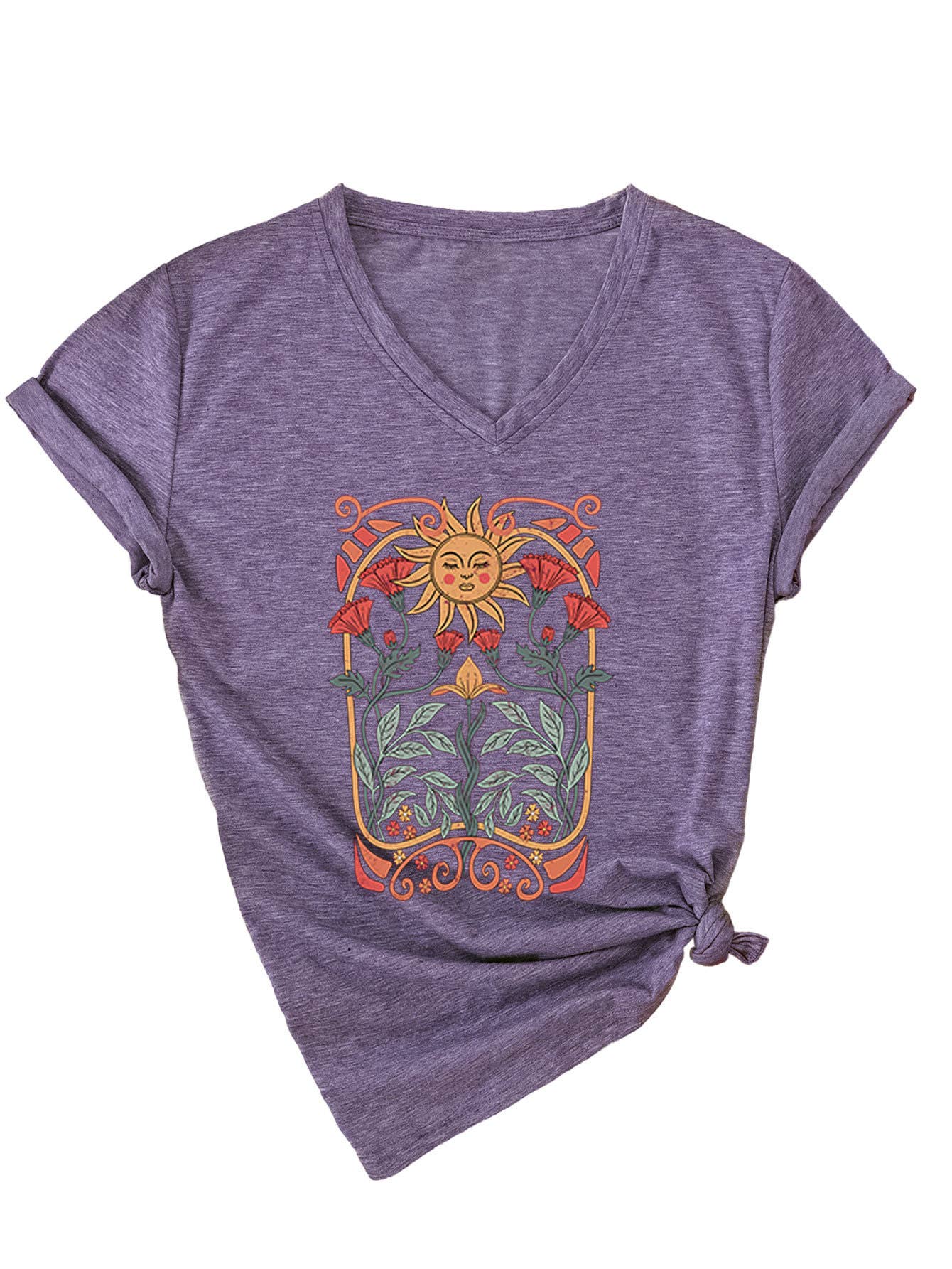 Floral sun print V-neck short-sleeved T-shirt