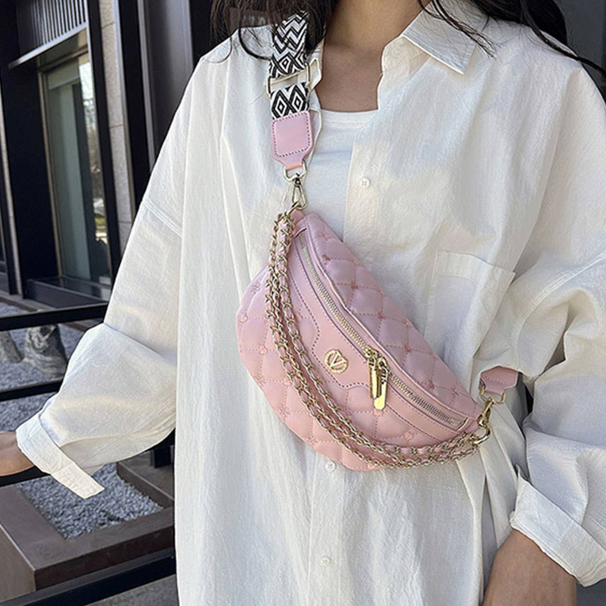 PU TRIPLE CHAIN STRAP BELT BAG,CROSSBODY BAG_CWAB0944