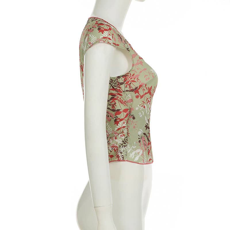 Floral tie V-neck puffed sleeve light T-shirt
