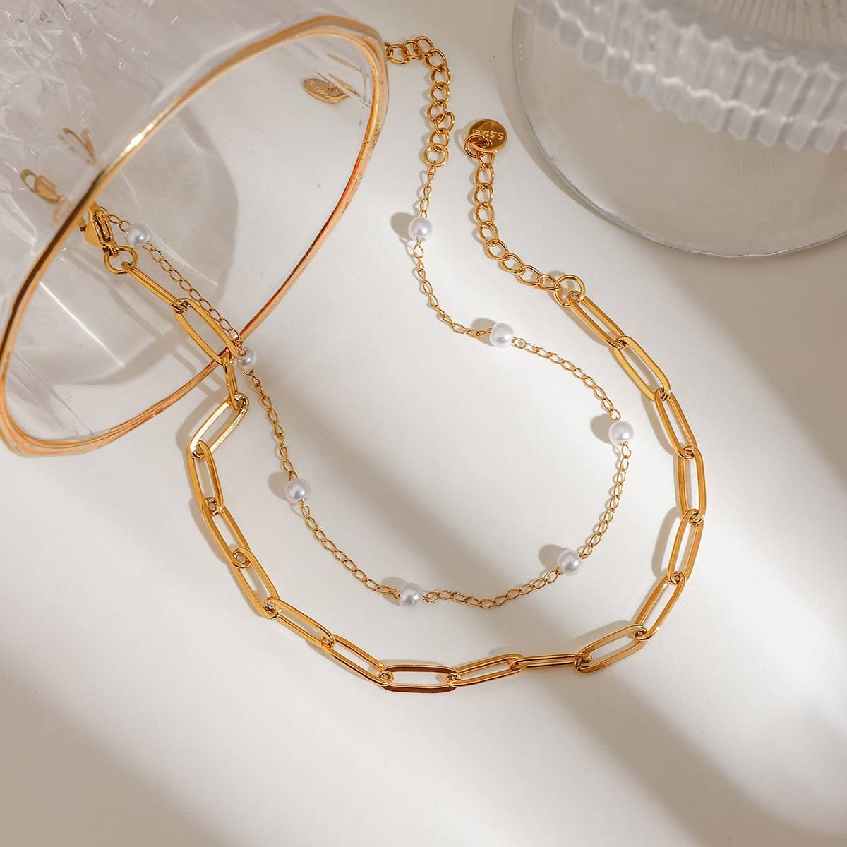 18K Gold Double Layer Pearl Paperclip Anklet_CWAJE4849