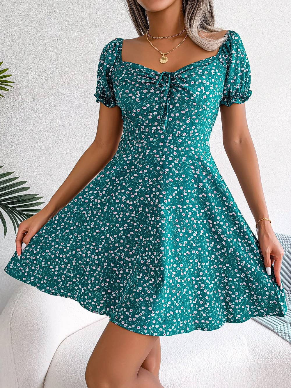 Floral tie big swing vacation-style beach dress