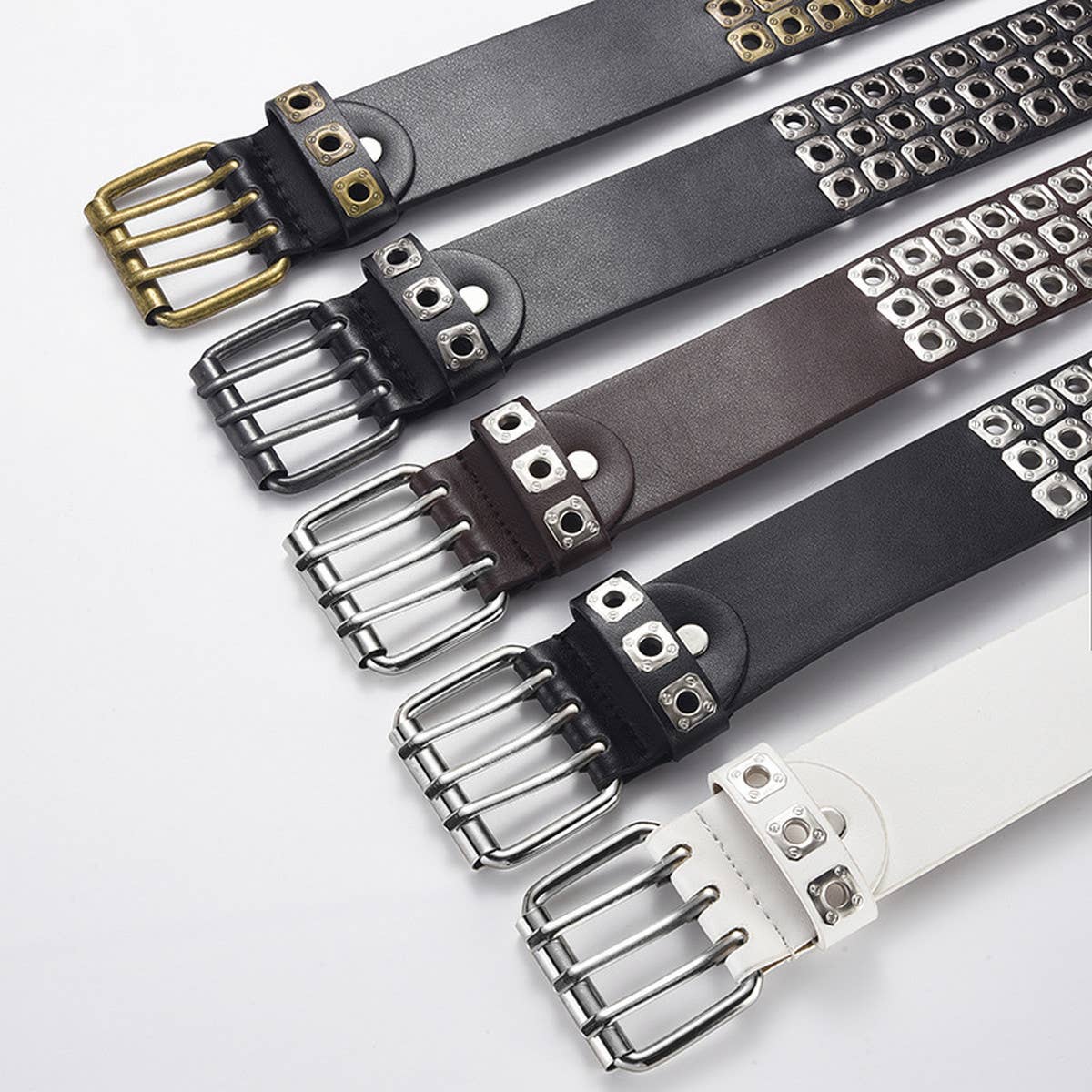 SQUARE BEAD RIVET TRIPLE ROW EYELET PUNK BELT_CWABE0584