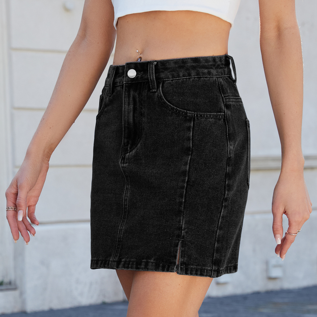 Women?™s Washed Denim Bodycon Skirt with Slit_CWJSK0207
