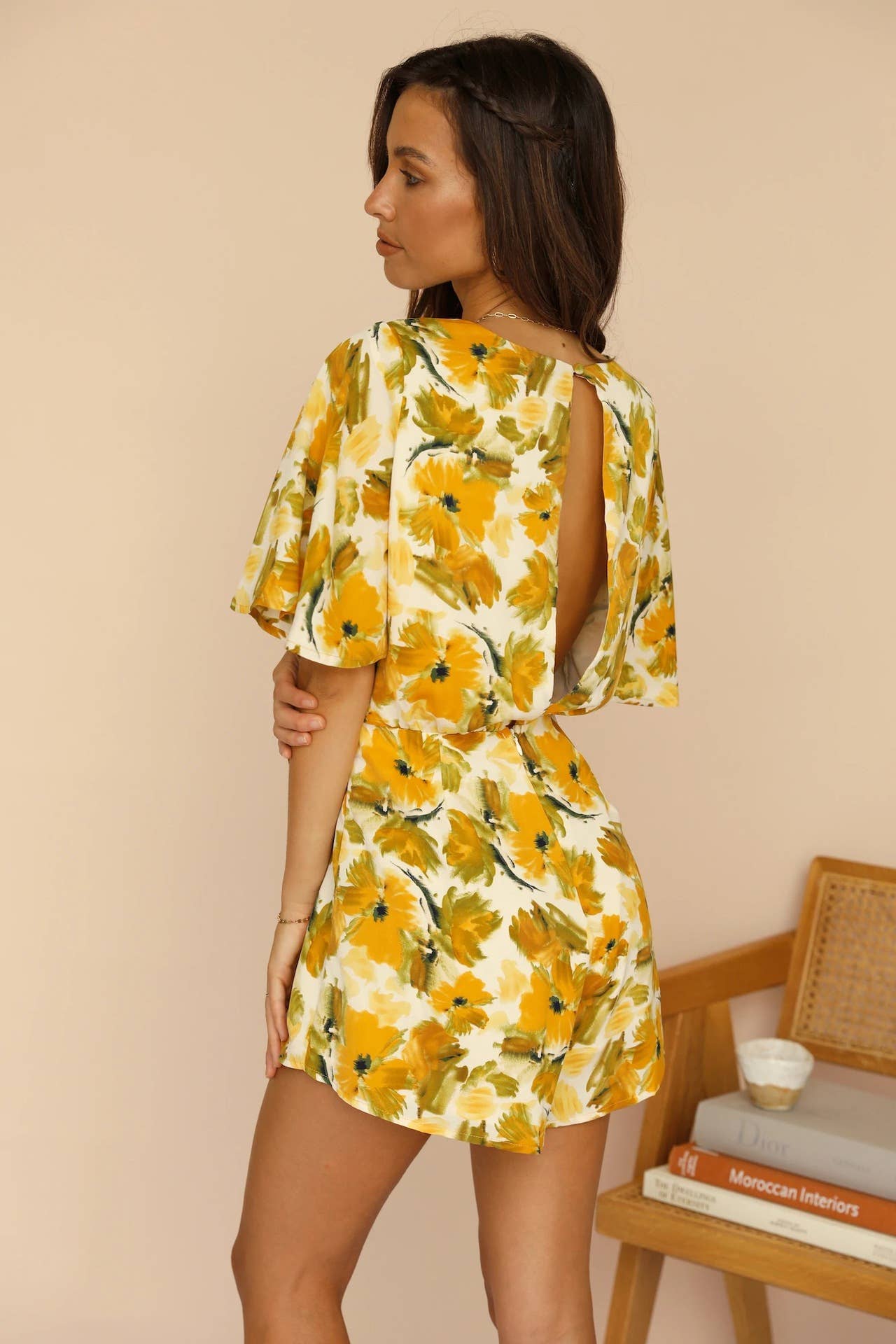 FLORAL LACE-UP JUMPSUITS WITH SPLIT BACKS