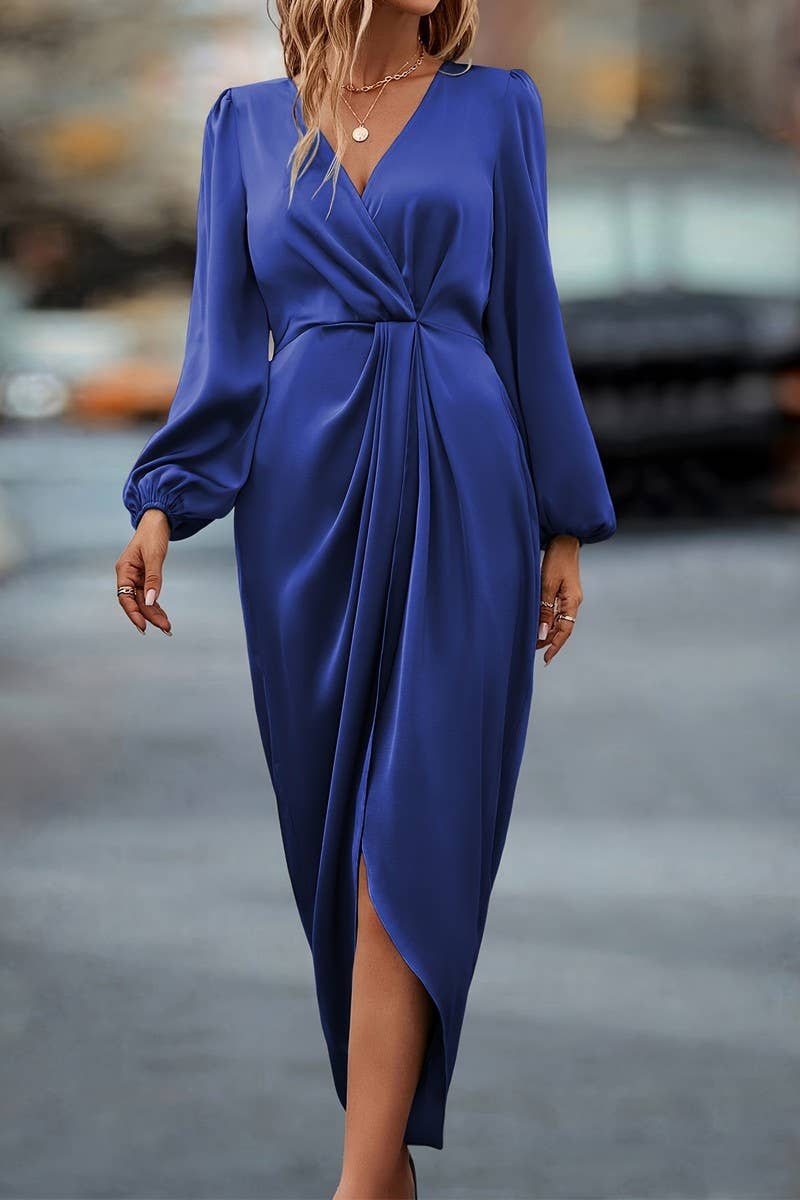 CWDMD4875_CROSS NECK SLIT PUFF SLEEVE IRREGULAR DRESS