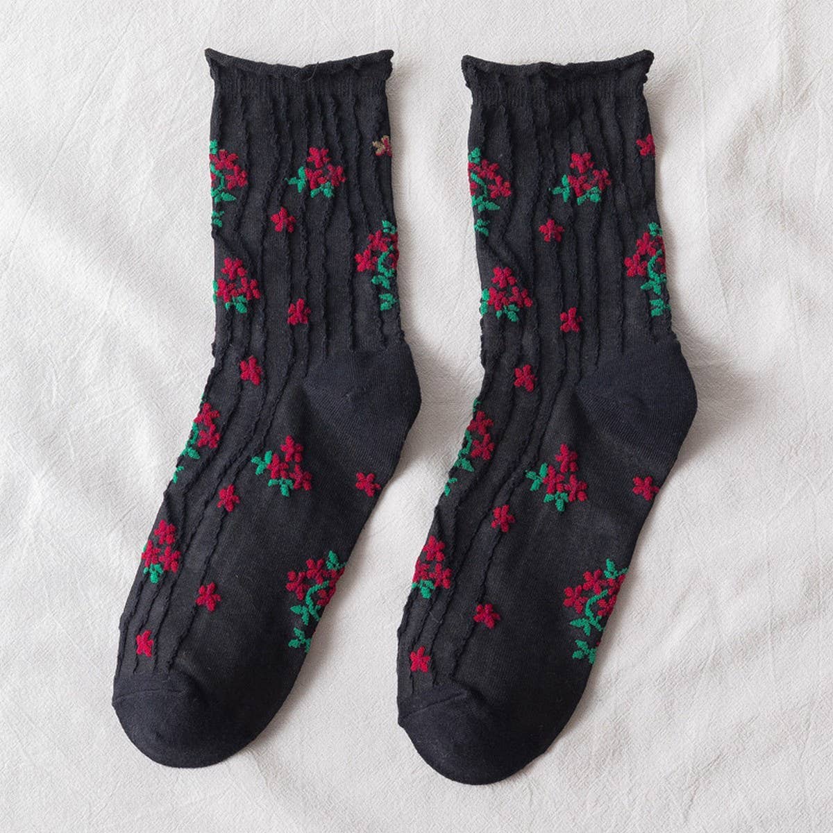 PREPPY LITTLE FLORAL STRIPED MIDTUBE SOCK LADY_CWMS0403