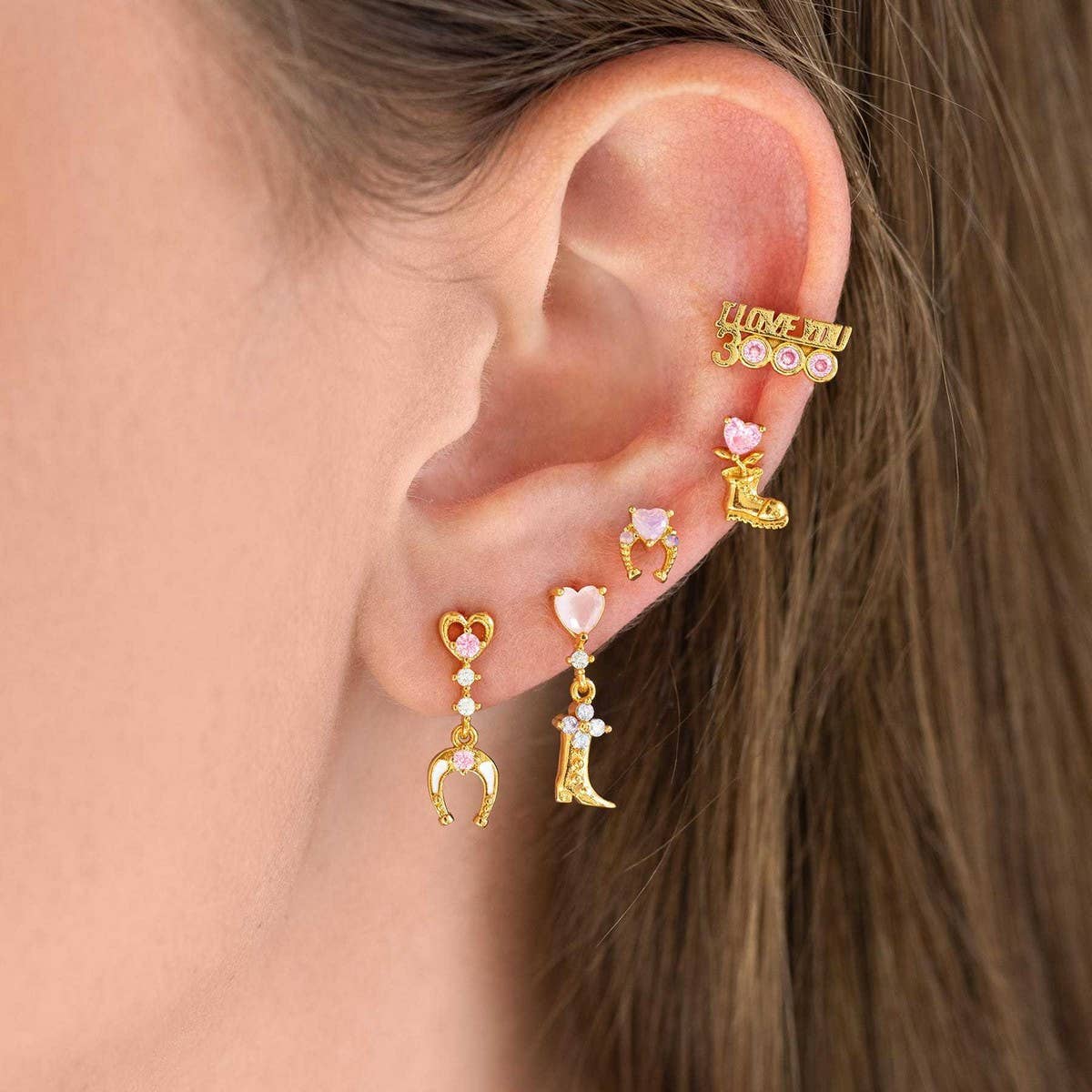 Bow Horseshoe Boot Zircon 18K Gold Stud Earrings_CWAJE5069