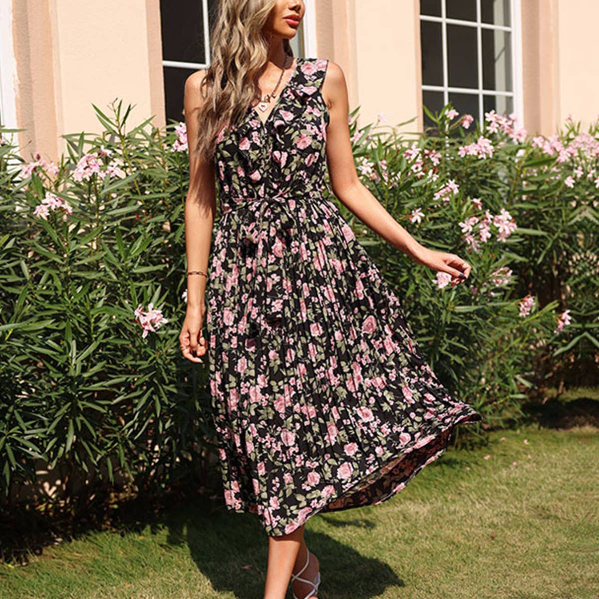 FLORAL PRINT LONG SLEEVELESS DRESS WITH RUFFLES