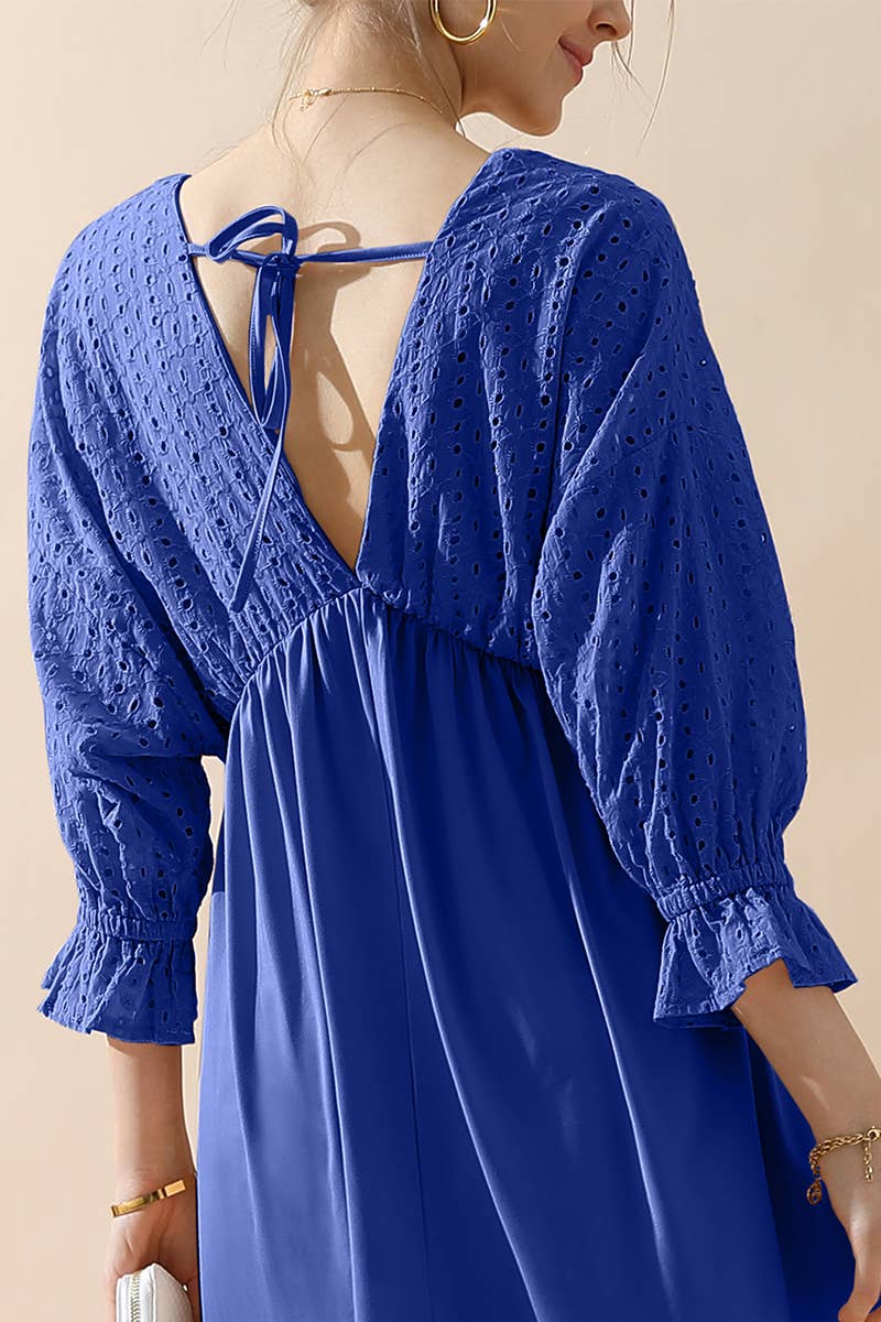 CWDMD795_3/4 SLEEVE V NECK LONG DRESS